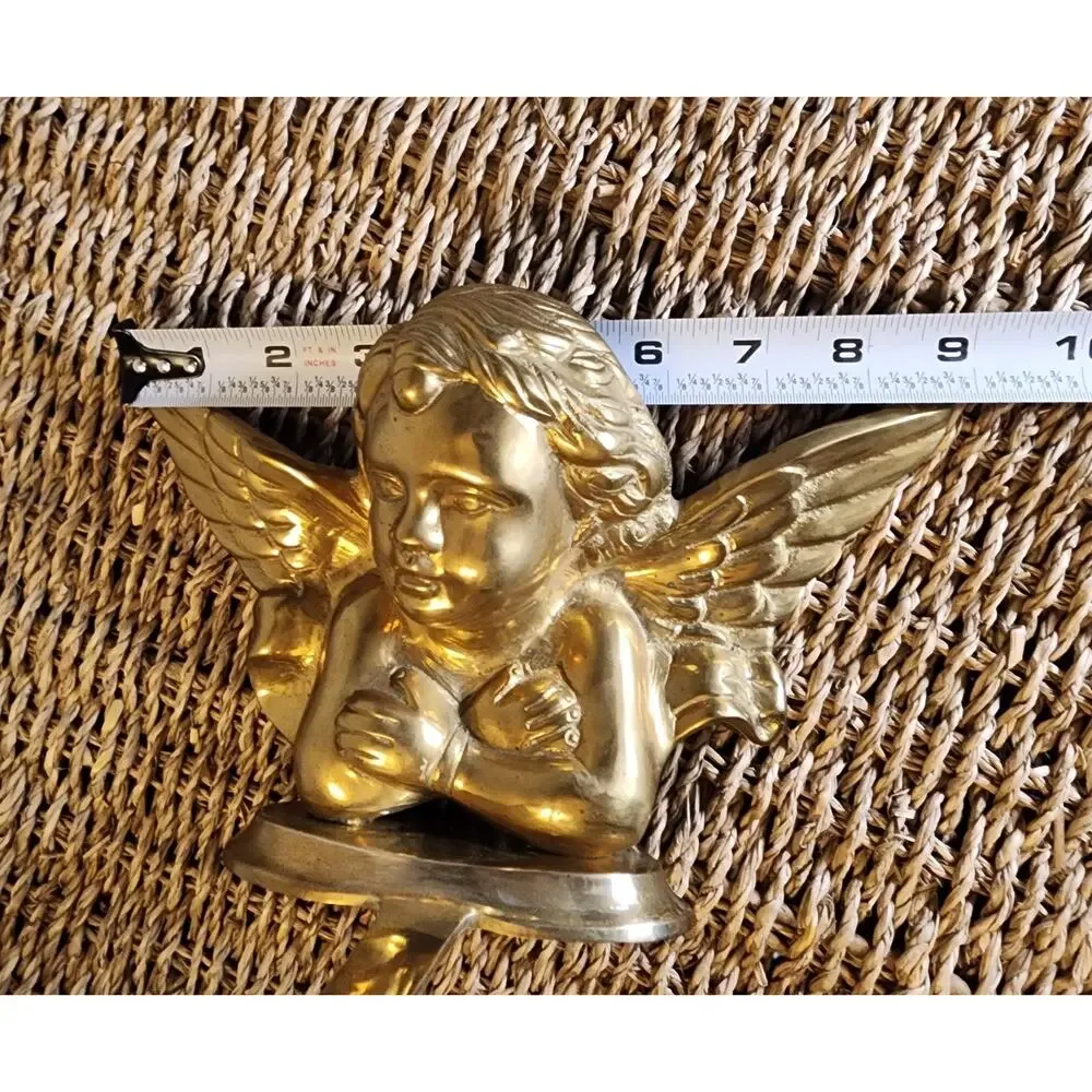 Vintage Large Heavy Brass Cherub Christmas Stocking Holder Shelf Hanging Decor